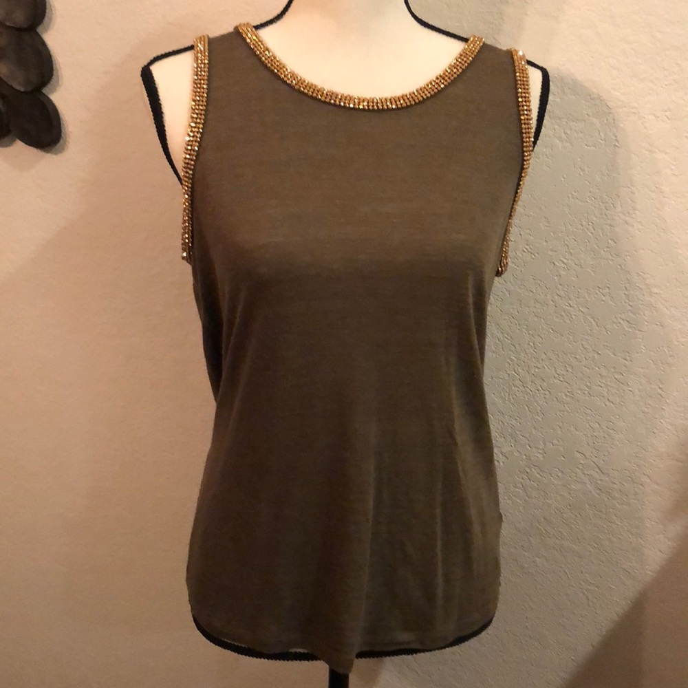 Michael Kors Olive Tank with Gold Beaded Neckline